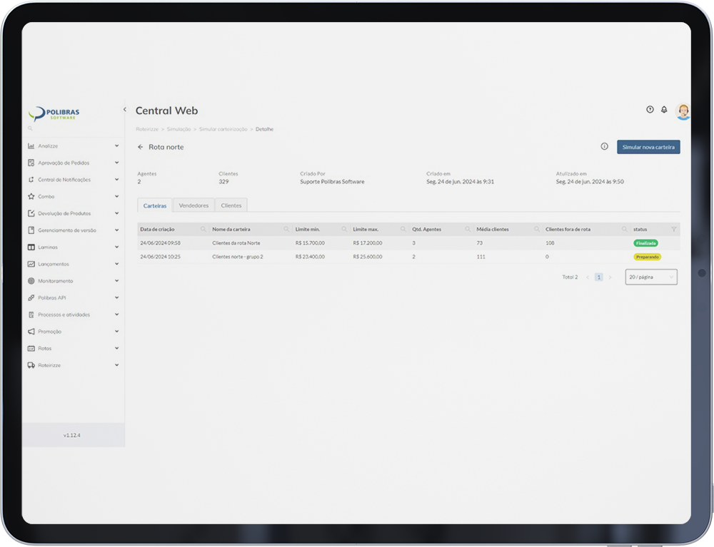 Tela real do dashboard do Roteirizze, sistema da Polibras Software