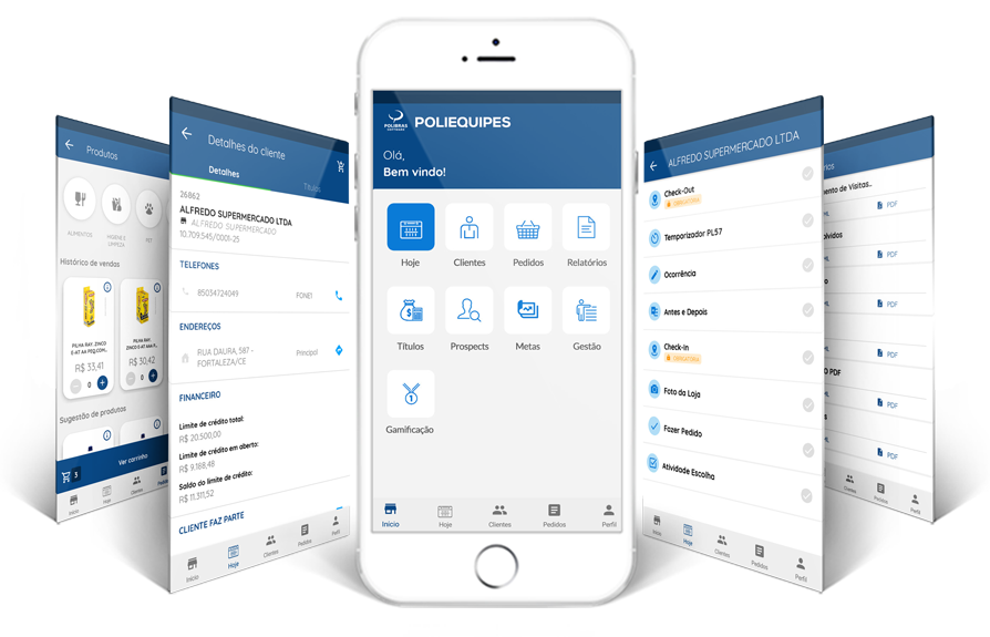 Mockup do aplicativo PoliEquipes com checklist, check-in e check-out